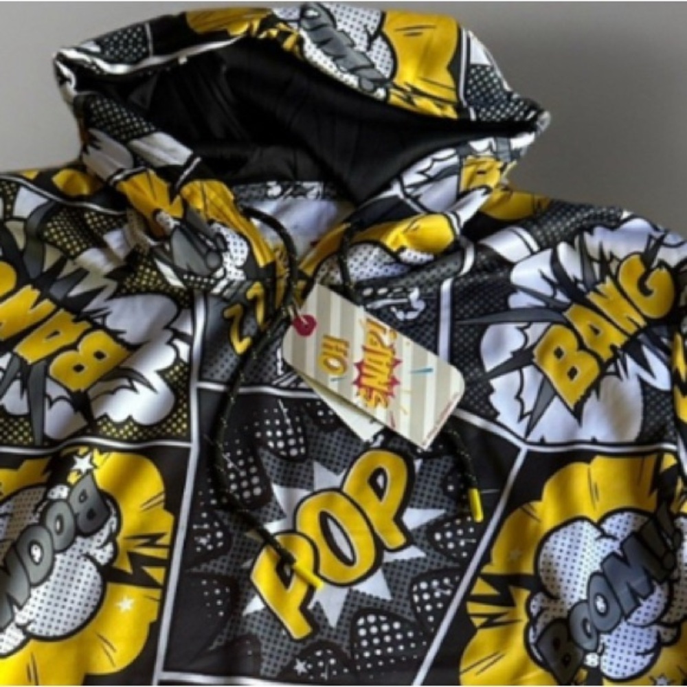 OH SNAP! Graffiti Hoodie Lg Comic Book Bang Pullover Sweatshirt Black Yellow NWT